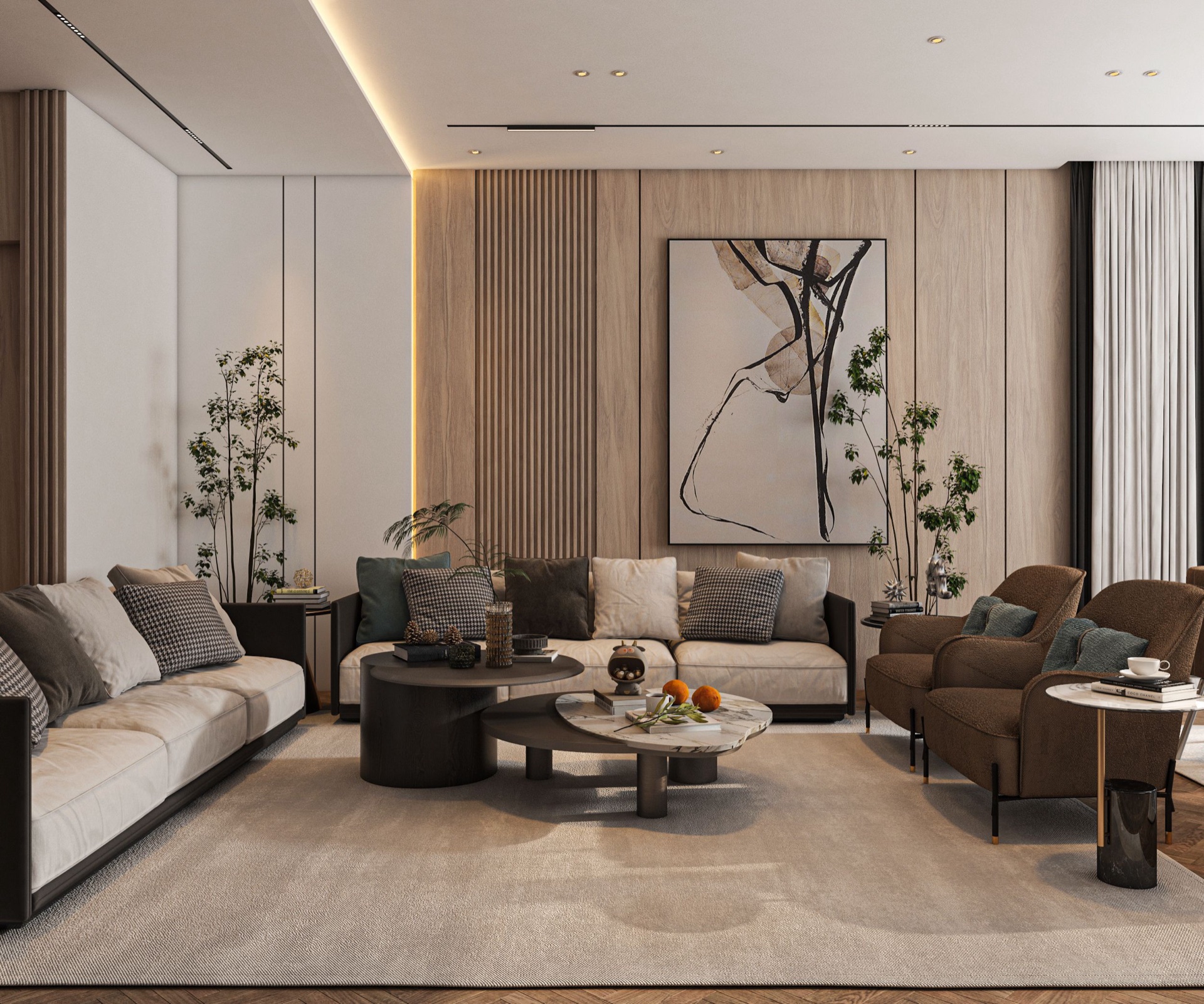 Sala de estar residencial con mobiliario Arkal — paneles de madera y diseño integral