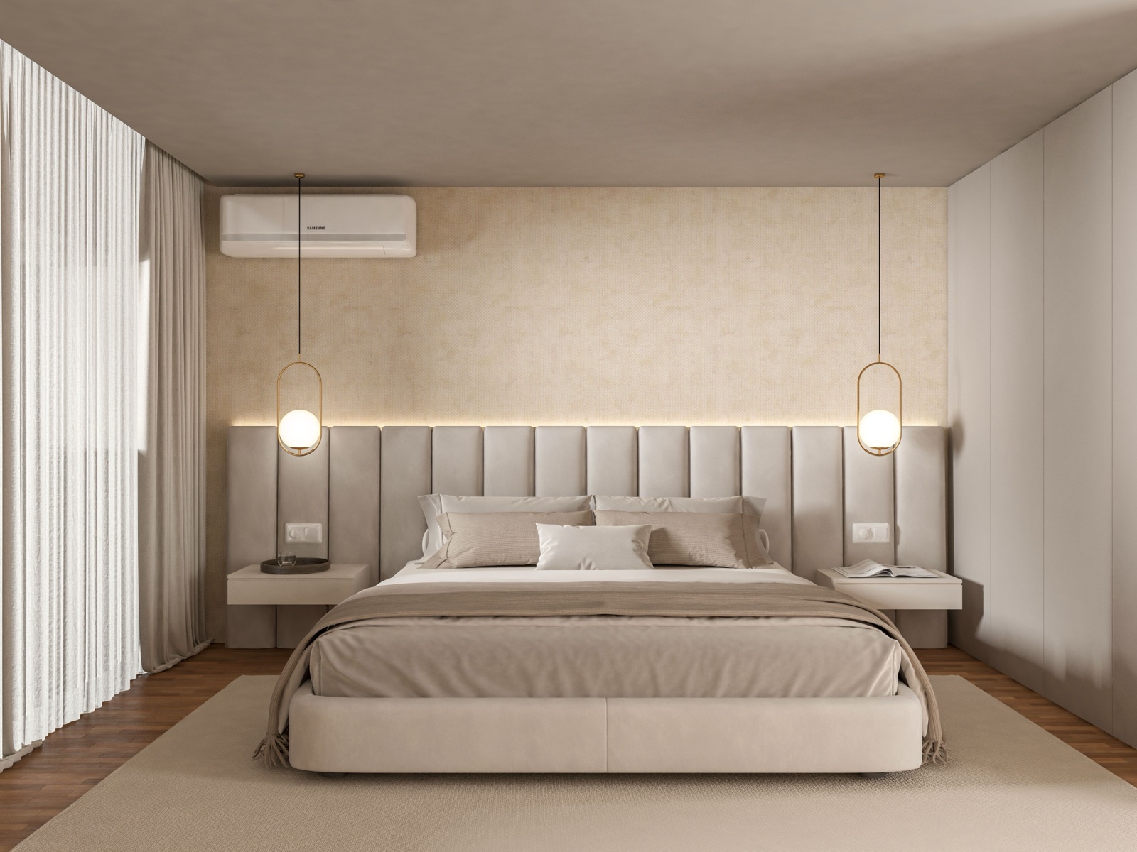 Proyecto residencial — dormitorio con cabecera tapizada e iluminación colgante