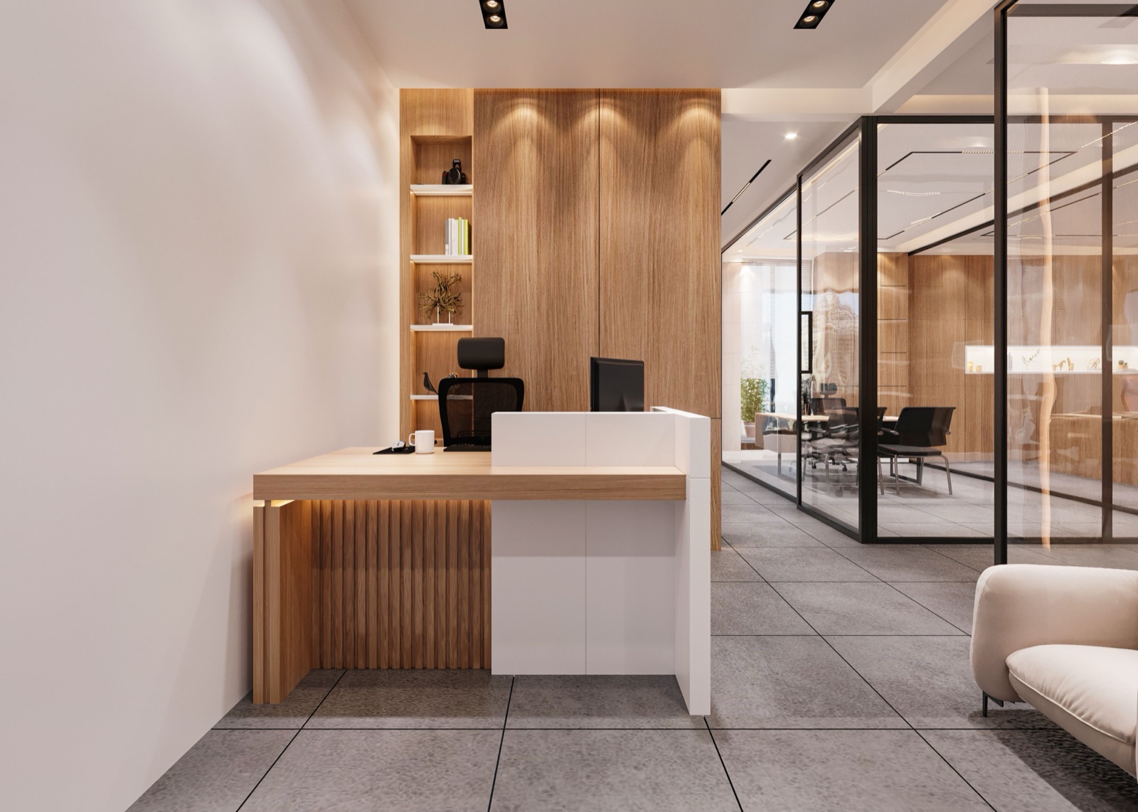 Proyecto corporativo — oficina con escritorio y estantería en madera