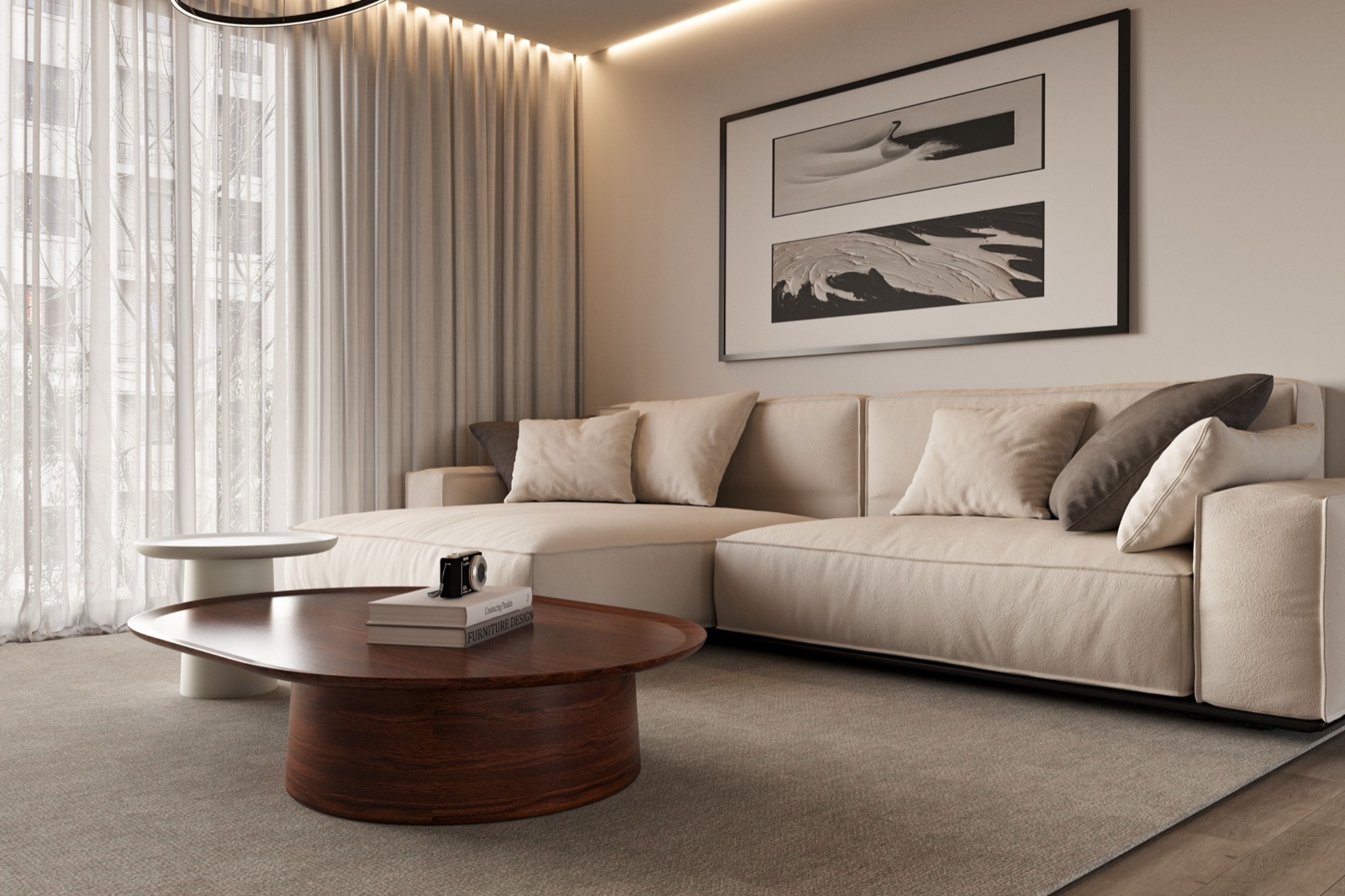 Proyecto residencial — sala con sofá beige y mesa de centro en madera