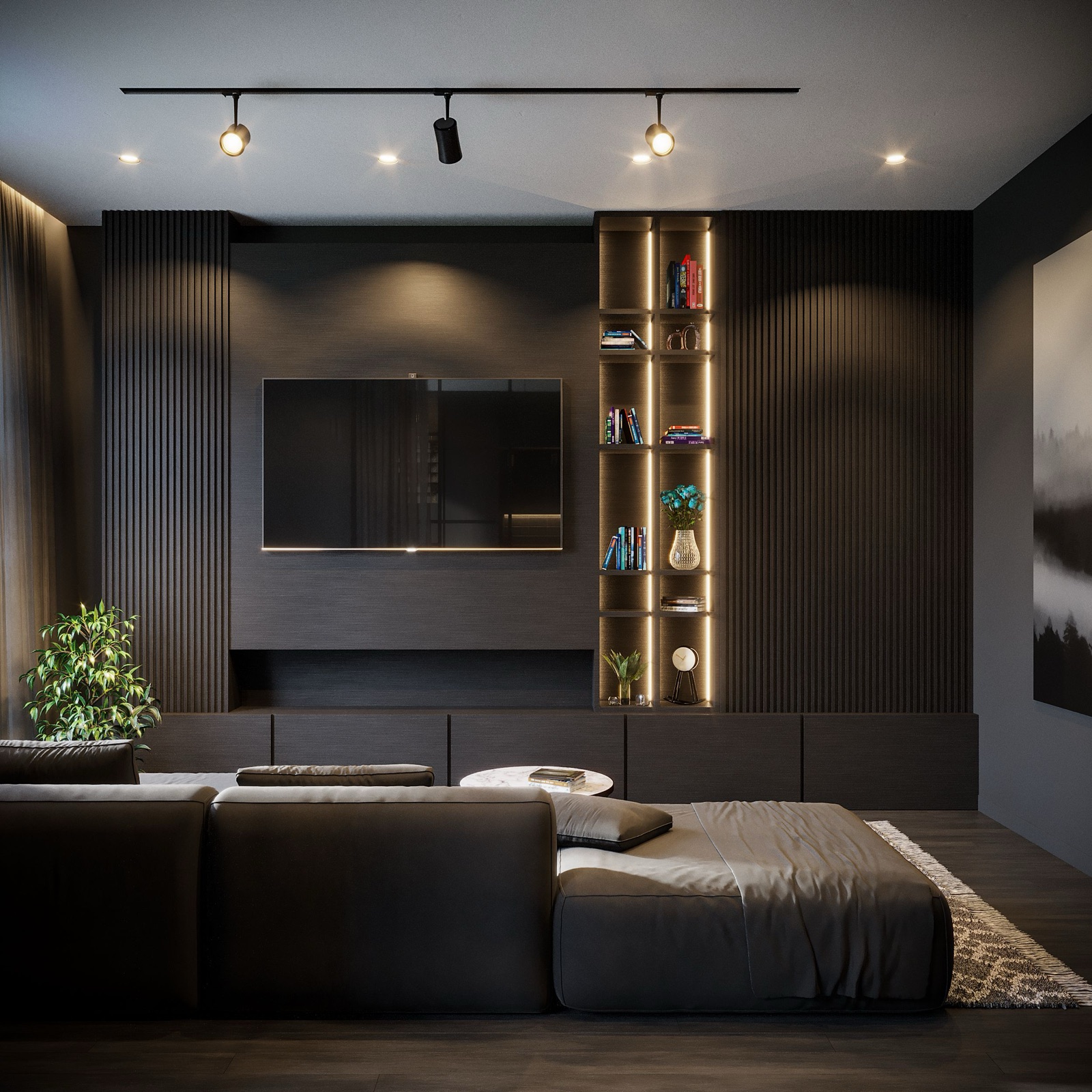 Proyecto residencial — sala de medios con paneles de madera oscura y track lighting